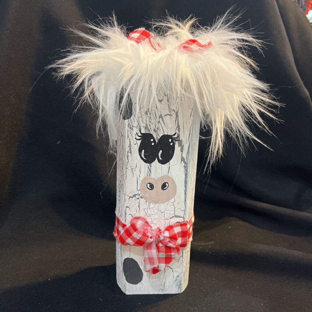 Wooden Cow w/white hair & red bow