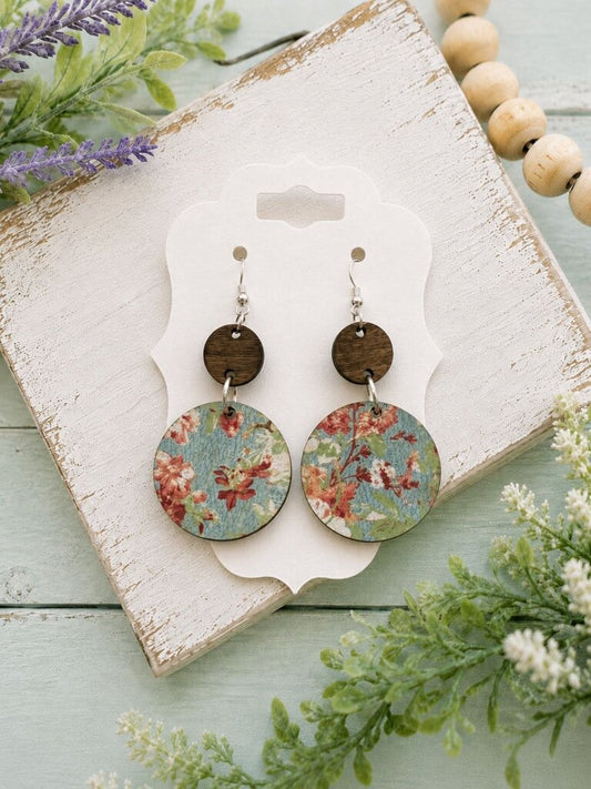 Blue Floral Wooden Dangle Earring