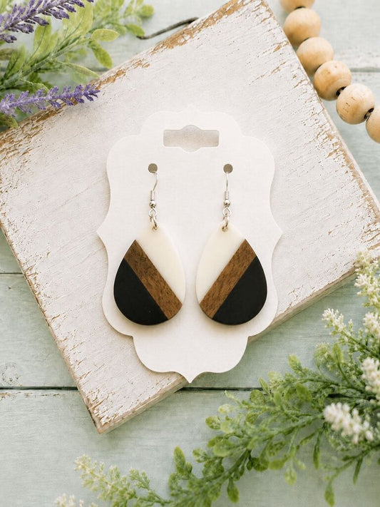 White Wood & Black Teardrop Earring