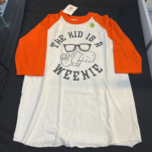 Kids a Weinie (Youth Lg, White w/orange trim, baseball t-shirt