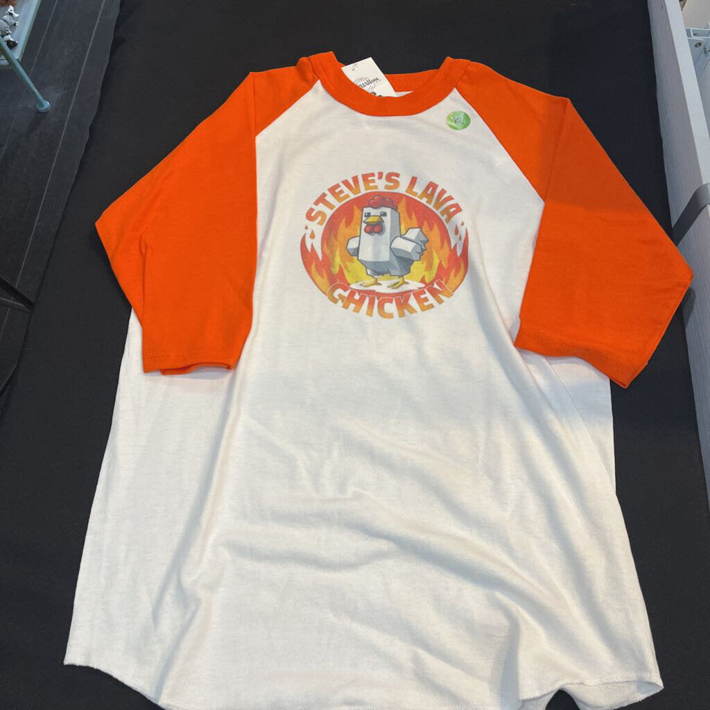 Lava Chicken (Youth Lg, White w/orange trim, baseball t-shirt