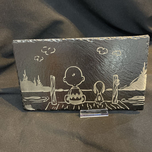 Charlie Brown & Snoopy on a Dock ( engraved slate, 10x6)