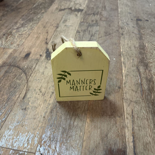 Manners Matter tag (yellow, hanging/shelf sitter)