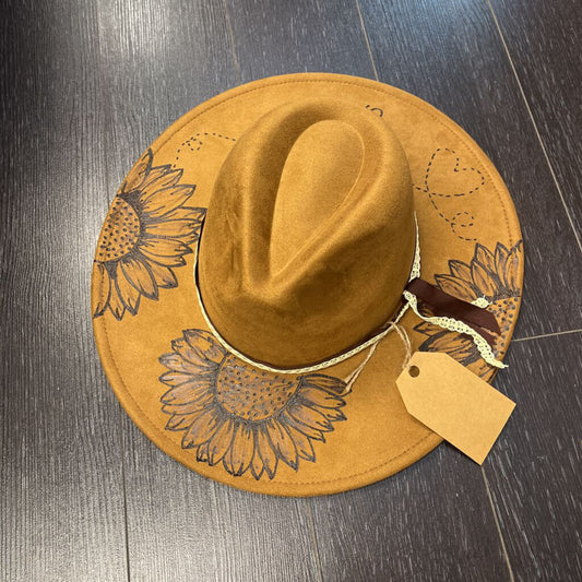 Sunflower w/ Bees Hat (tan, burned leather)