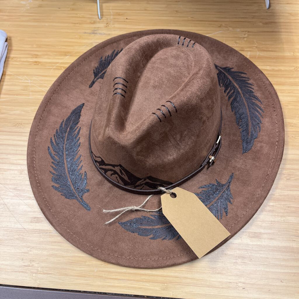 Mountains and Feathers Hat (brown, burned leather)