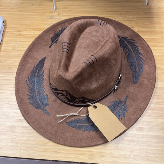 Mountains and Feathers Hat (brown, burned leather)