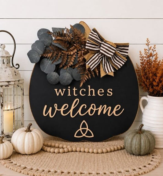 Witches Welcome Black Pumpkin Door Hanger