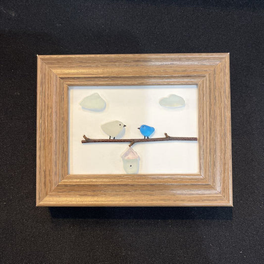 Sm Wood Frame 2 Birds on Branch/Birdhouse