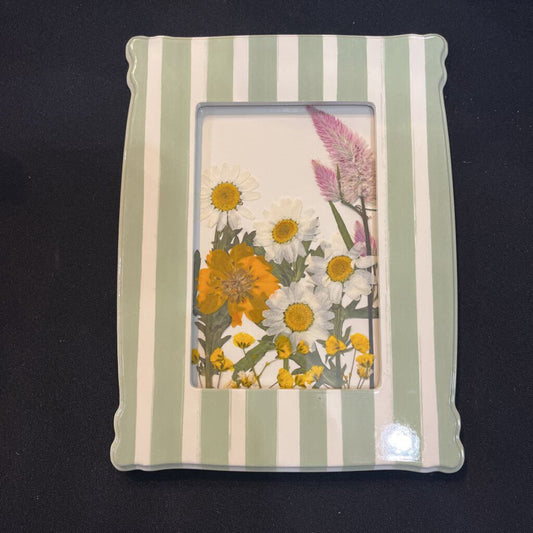 Pressed Daisies (green & white striped frame)