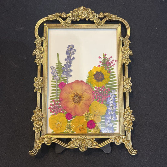 Pressed Yellow & Lavender Flowers (gold ornate frame)