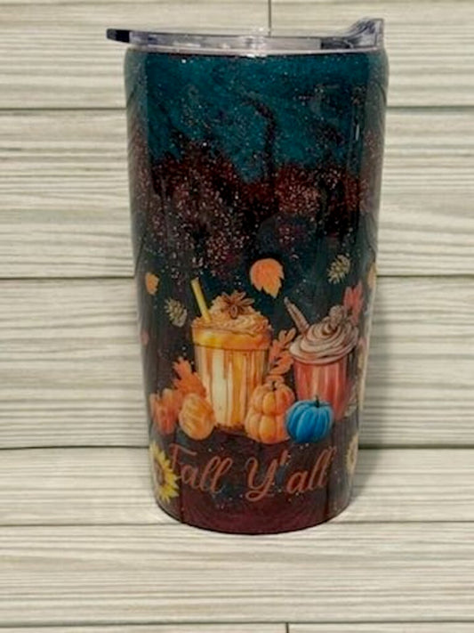 Fall Ya'll short tumbler (cranberry/teal, glitter)