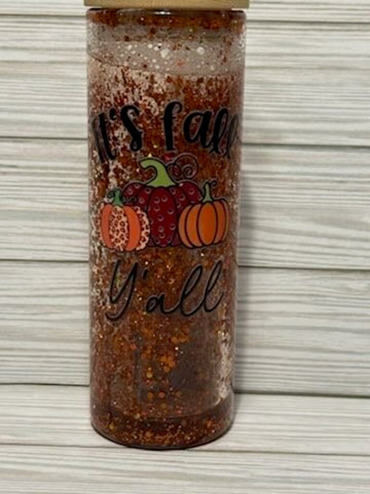 It's Fall Ya'll glass globe tumbler (clear, orange glitter)