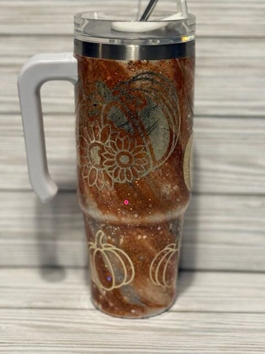 Pumpkins & Sunflowers tumbler w/handle (orange/gold)