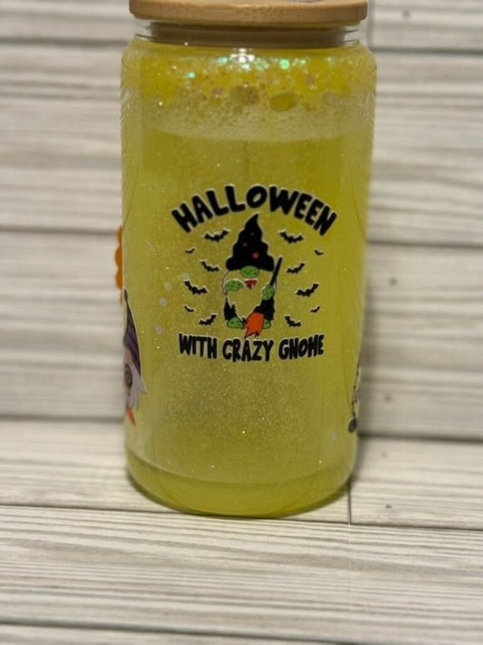 Halloween w/crazy gnome, short glass globe tumbler (clear, yellow glitter)