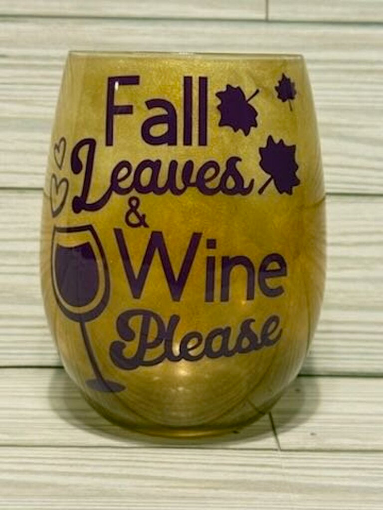 Fall Leaves and Wine Please (no stem wine glass, gold/purple)