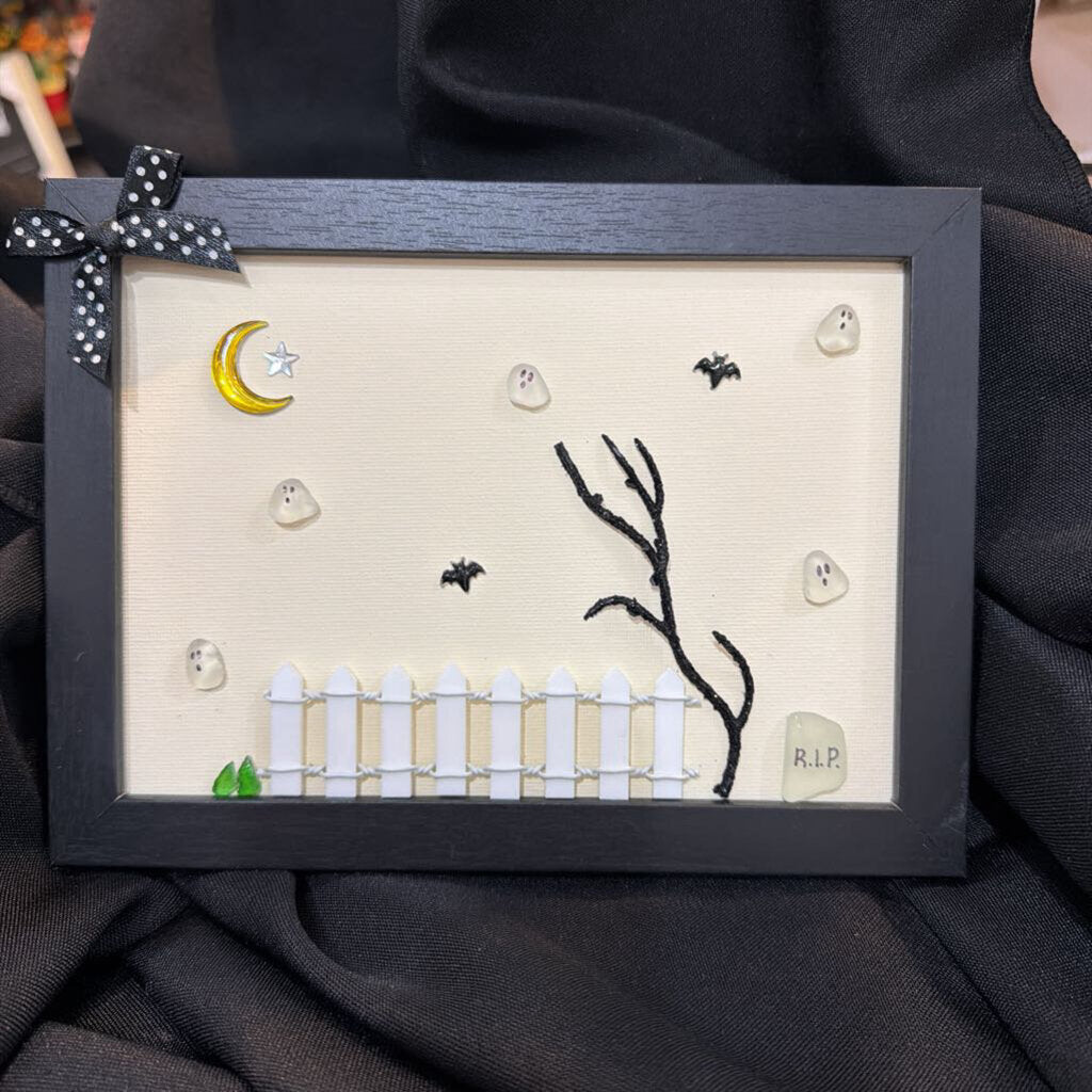 5x7 black frame, yellow matte, fence, 5 lil ghosts
