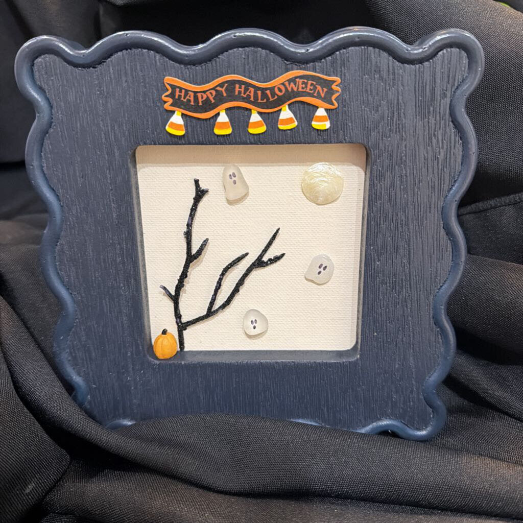 4x4 blue frame, Happy Halloween, 3 Ghosts, orange Pumpkin