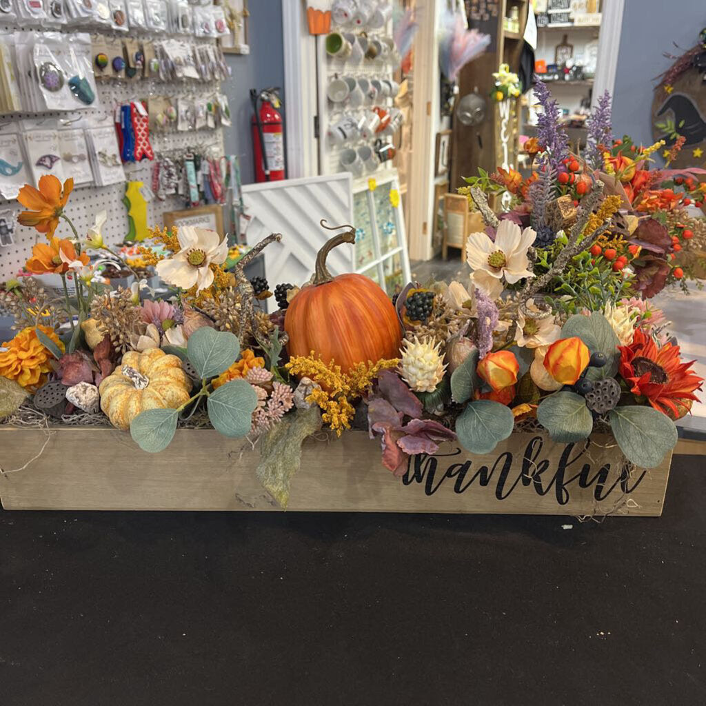 Fall Silk Floral Arrangement Thankful Wood Container