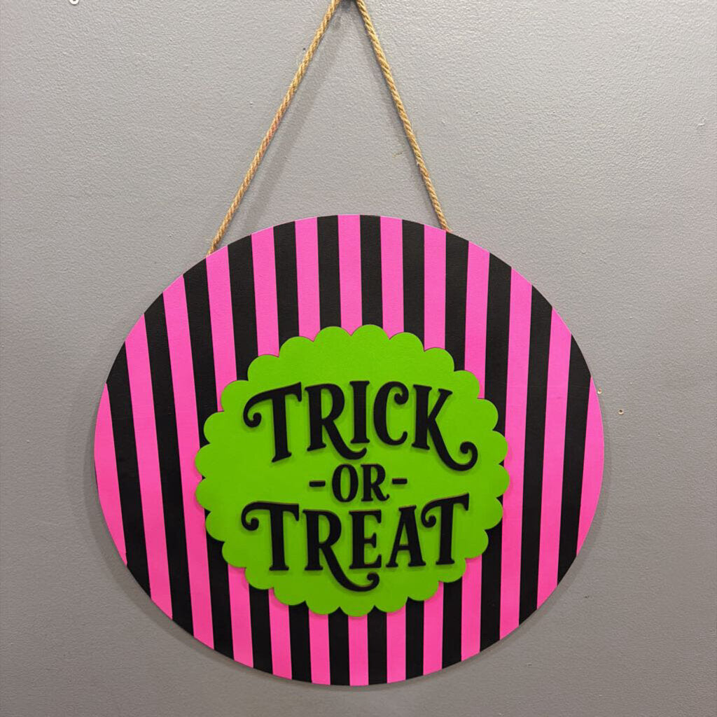 Trick or Treat pink/black striped Door Hanger