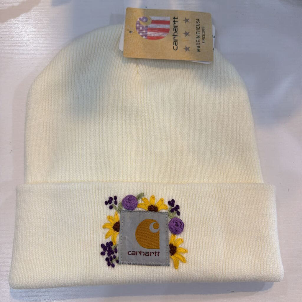 Carhart White Beanie Yellow Sunflower Purple Rose