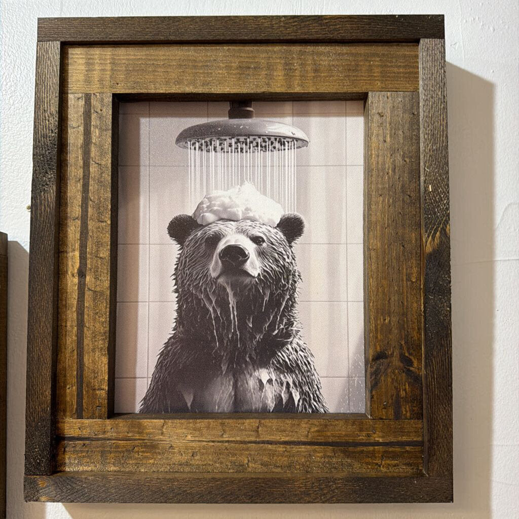 Bear in Shower (canvas framed sign)