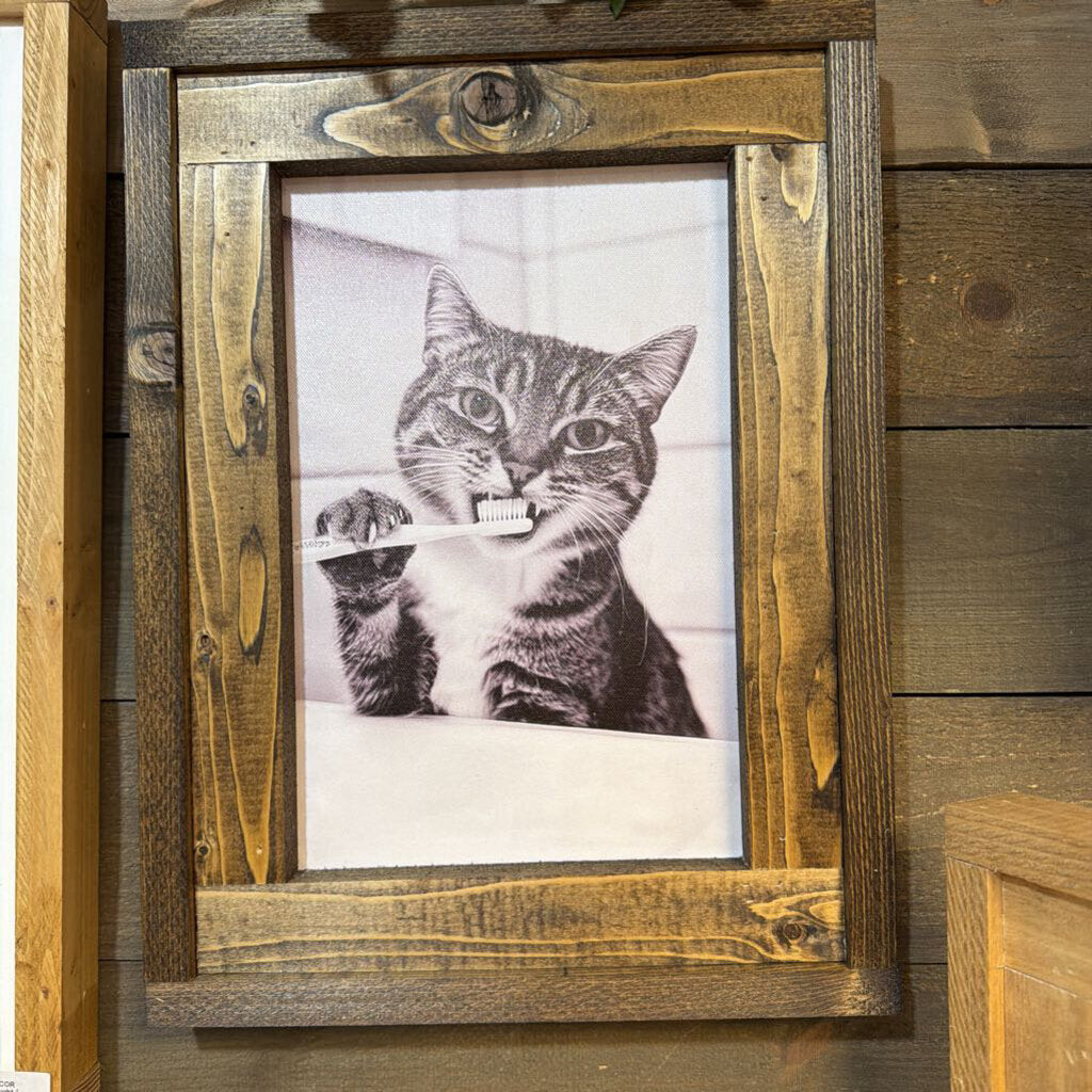 Cat Brushing Teeth (canvas framed sign)