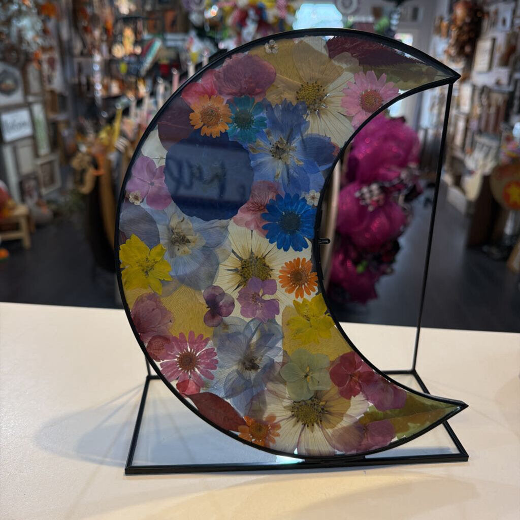 Glass Moon frame with pressed Flowers & Stand