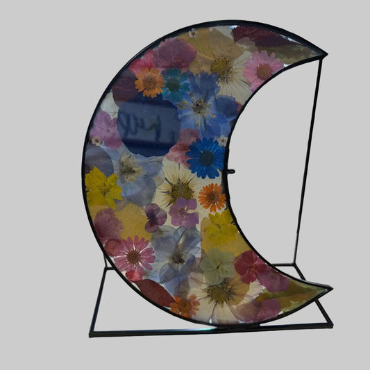 Glass Moon frame with pressed Flowers & Stand