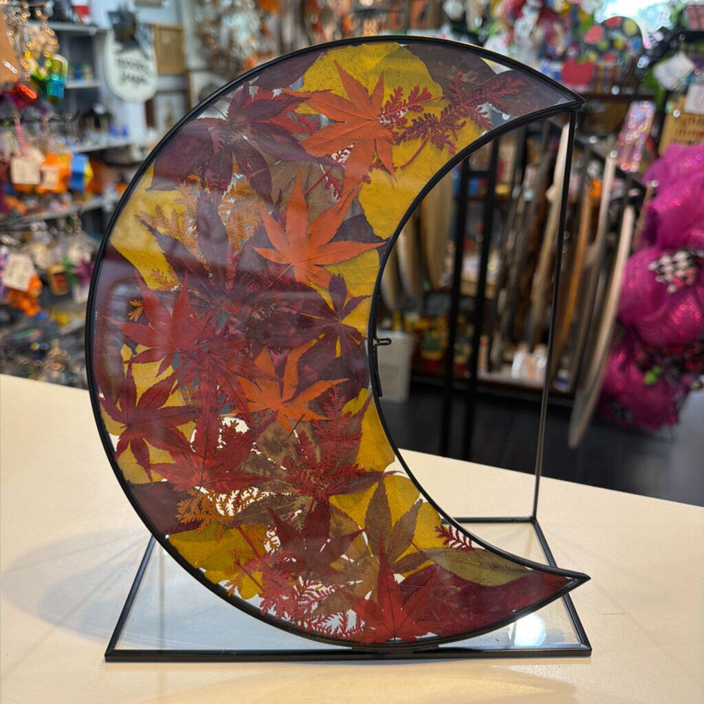 Glass Moon frame with Fall Leaves & Stand