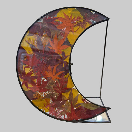 Glass Moon frame with Fall Leaves & Stand