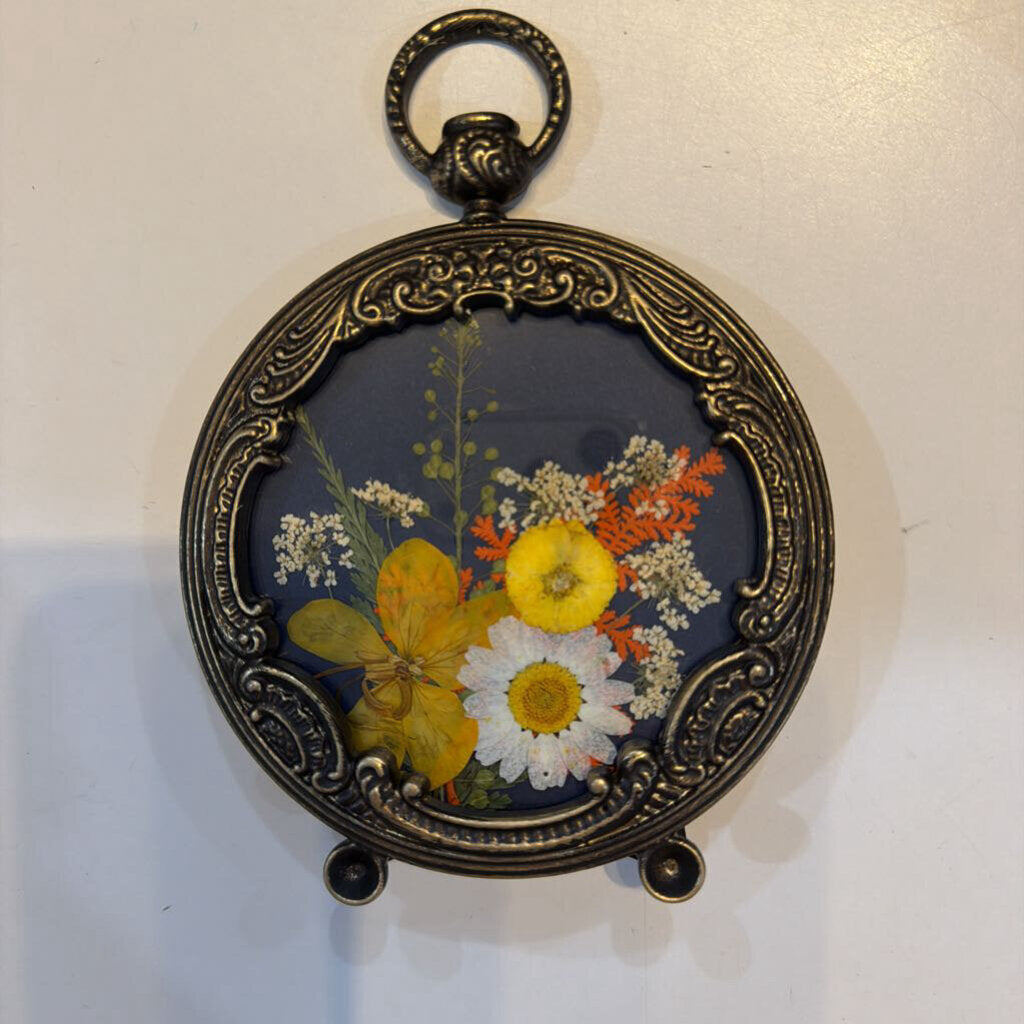 Pocket watch frame with Navy/Orange pressed Flowers