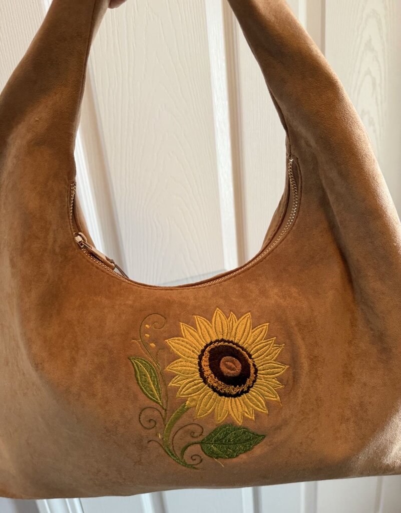 Faux Suede Sunflower Embroidered Sling Purse