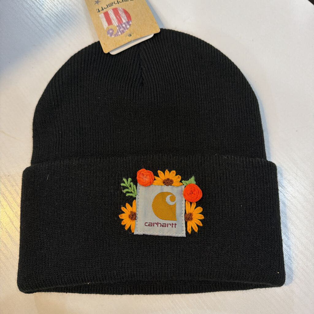 Black Carhart Beanie - yellow flowers