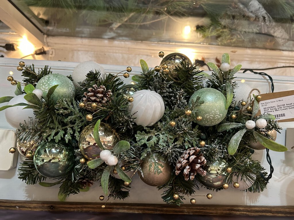 Small Lighted Shelf Swag with Ornaments and Greenery